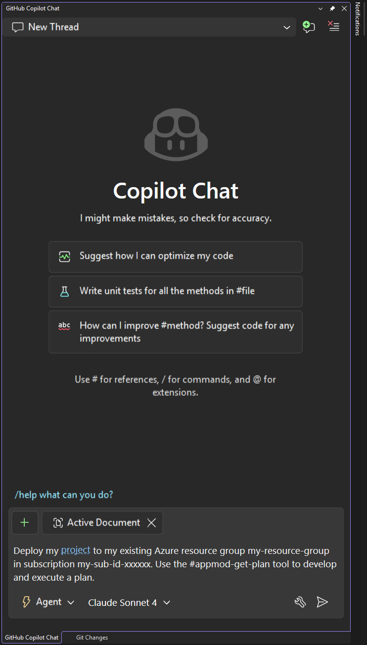 Capture d’écran qui montre comment démarrer le déploiement vers une ressource Azure existante dans GitHub Copilot à l’aide d’un prompt.