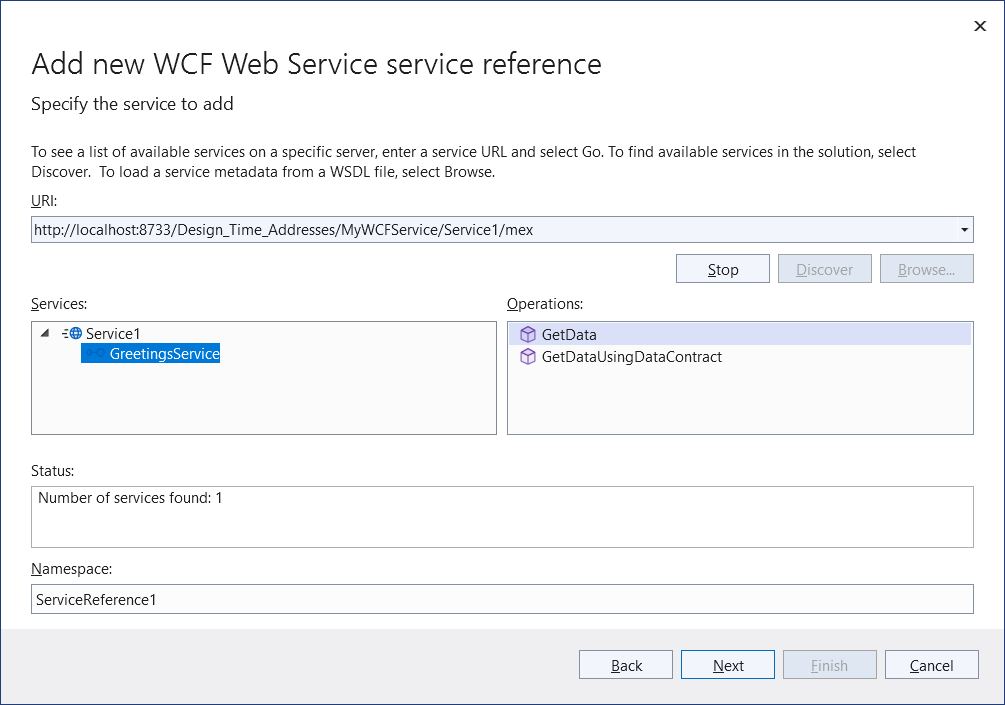Visual Studio Service Endpoint tab for .NET Core