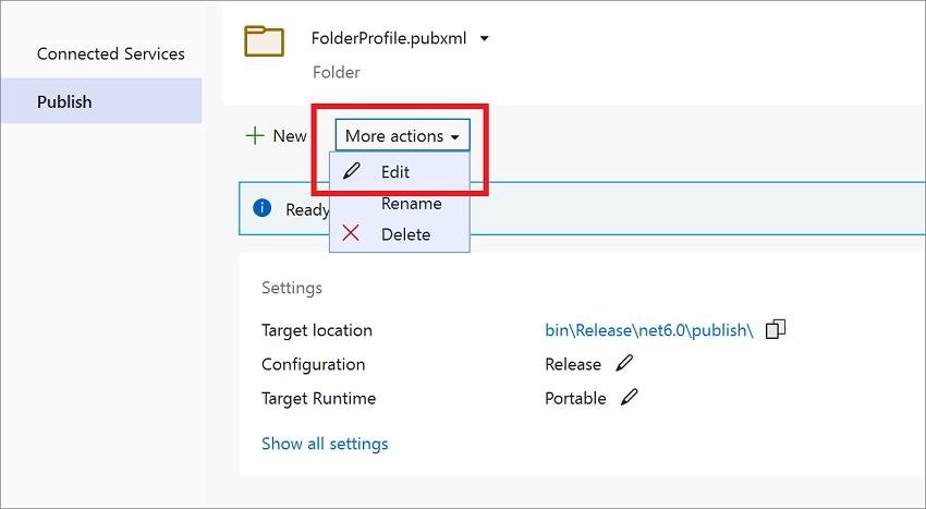 Profil de publication Visual Studio avec le bouton modifier.