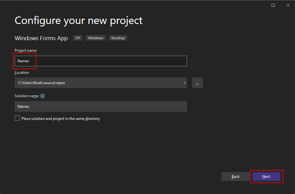 Configurez un nouveau projet Windows Forms dans Visual Studio 2022 pour .NET.