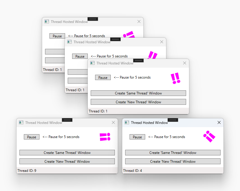 A screenshot of a WPF window that's duplicated four times. Three of the windows indicate that they're using the same thread, while the other two are on different threads.