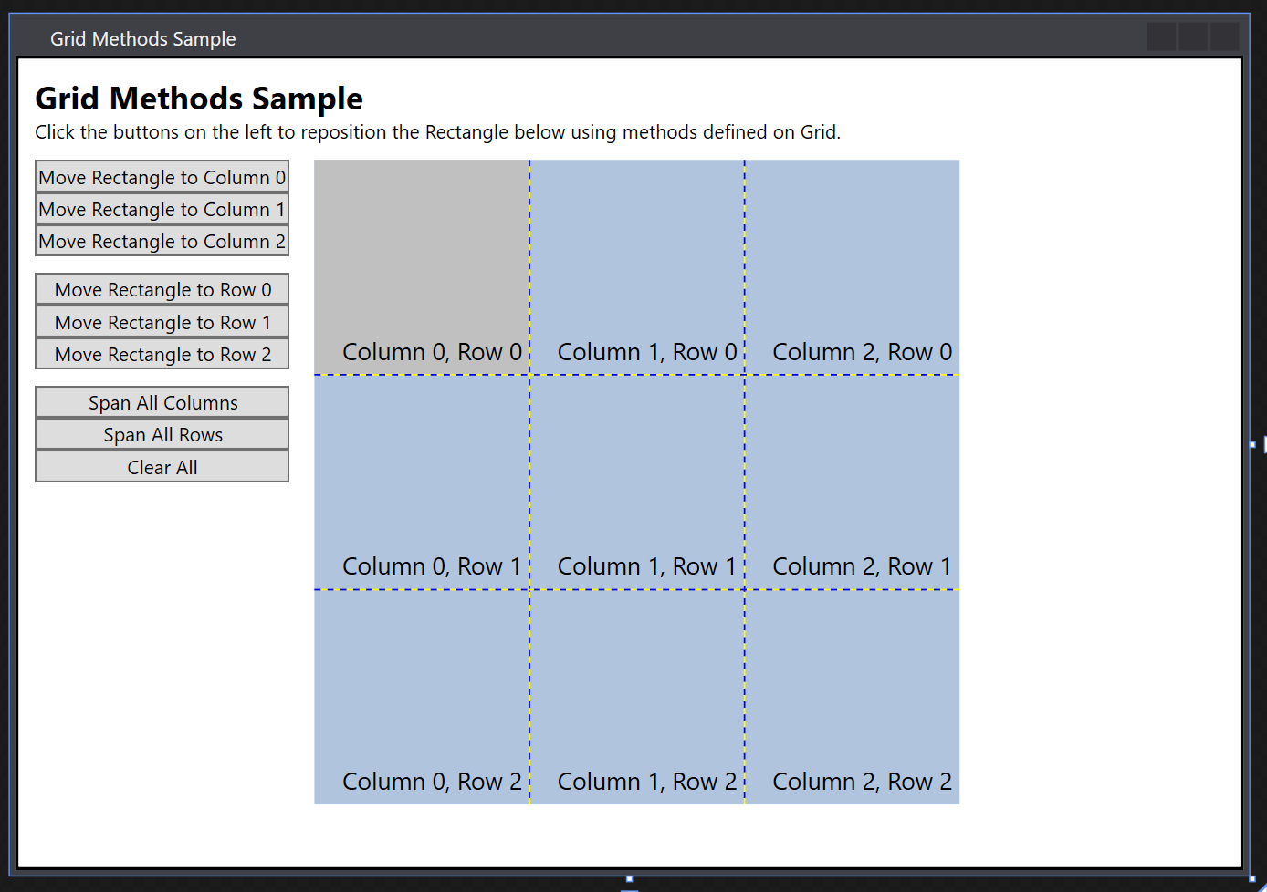a screenshot depicts a WPF user interface with two columns, the right side has a 3 x 3 grid and the left has buttons to move a colored rectangle between the columns and rows of the grid