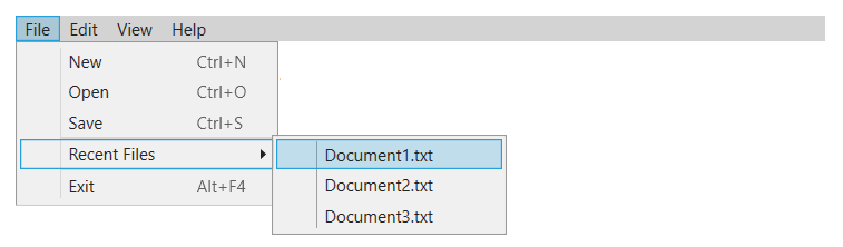 Capture d’écran montrant un contrôle Menu avec plusieurs contrôles MenuItem.