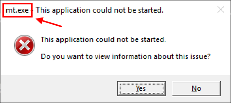 Boîte de dialogue indiquant que cette application n’a pas pu être démarrée, avec le nom de l'exécutable mis en surbrillance.