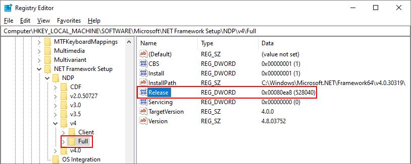 Entrée du Registre pour .NET Framework 4.5