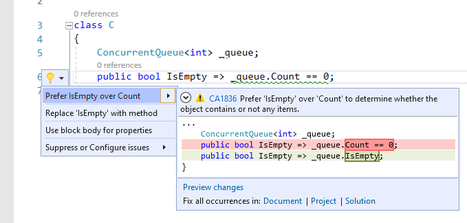 Code fix for CA1836 - Prefer 'IsEmpty' over 'Count' to determine whether the object contains or not any items