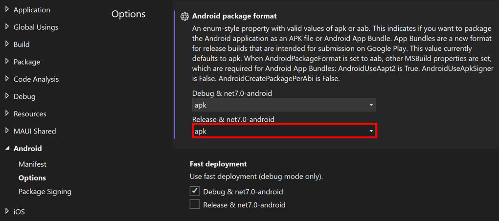 Screenshot of changing the package format of a .NET MAUI Android app to APK.