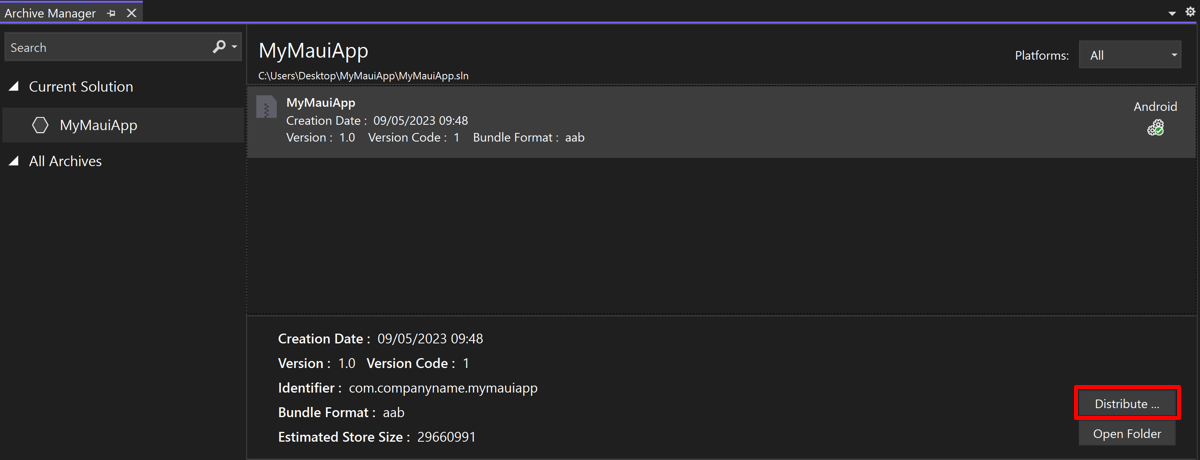 Capture d’écran du gestionnaire d’archivage dans Visual Studio une fois l’archivage terminé.