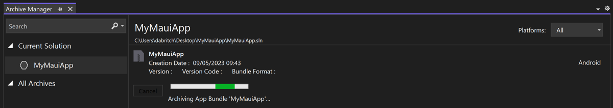 Capture d’écran du gestionnaire d’archive dans Visual Studio.