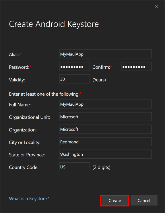 Screenshot of creating an Android keystore.