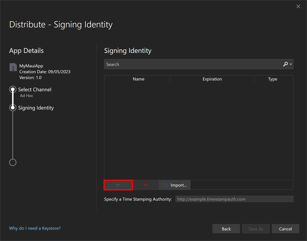 Screenshot of creating a new signing identity in the distribution dialog.
