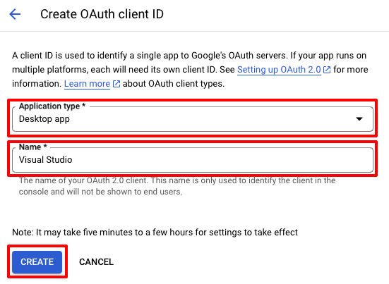 Screenshot of creating OAuth credentials.