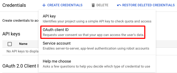 Screenshot of selecting the create credentials button.