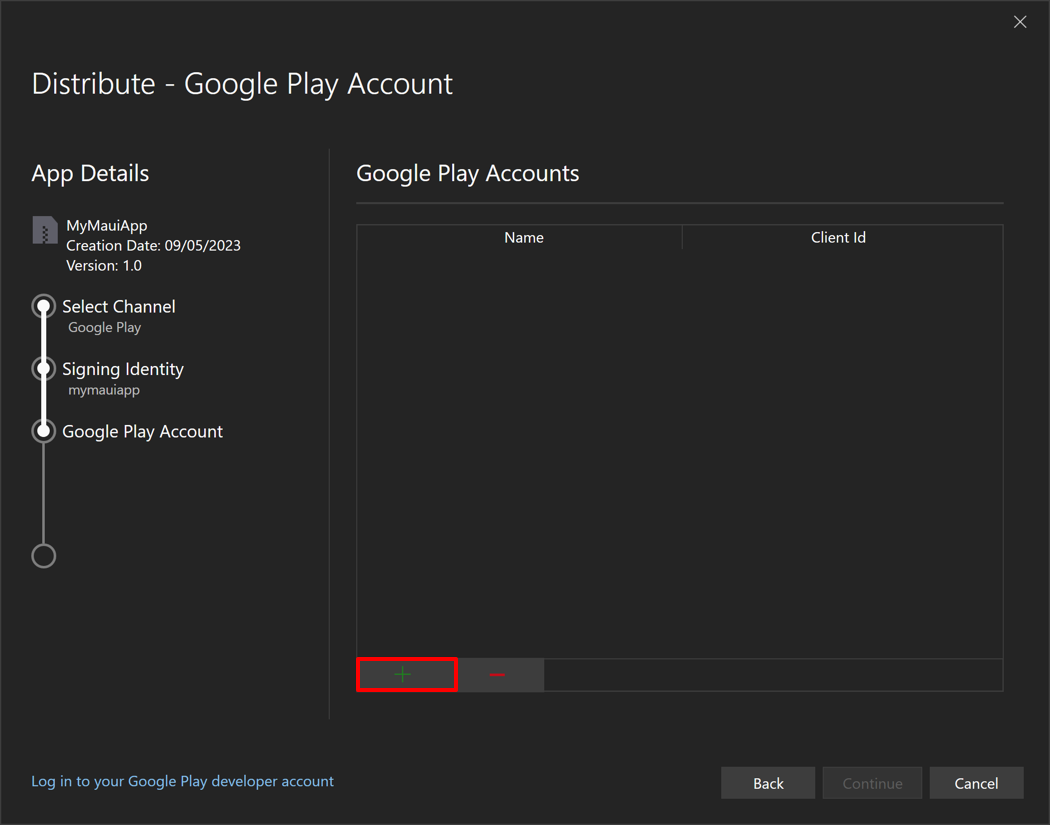 Screenshot of adding a Google Play Developer account in the distribution dialog.