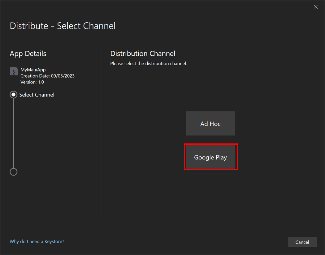 Screenshot of selecting the Google Play distribution channel in the distribution dialog.