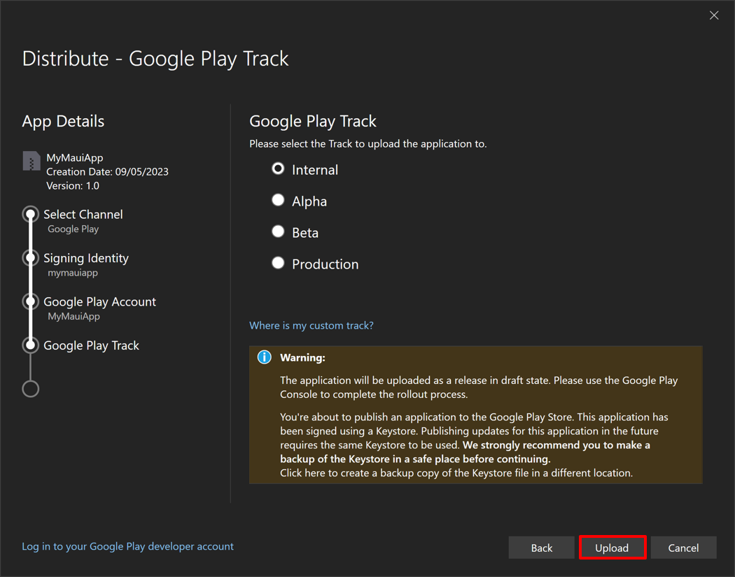 Screenshot of selecting a Google Play Track prior to uploading your app.