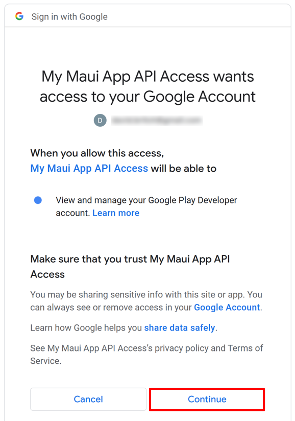 Screenshot of authorizing Google API access.