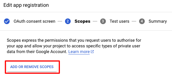 Screenshot of adding scopes for the OAuth consent screen.