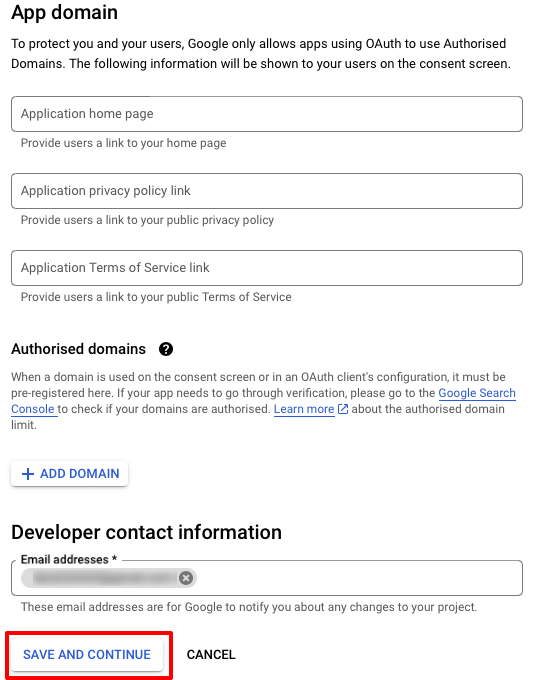 Screenshot of editing the OAuth consent screen developer contact information.