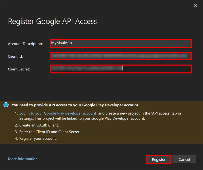 Screenshot of registering your OAuth client ID and client secret in Visual Studio.