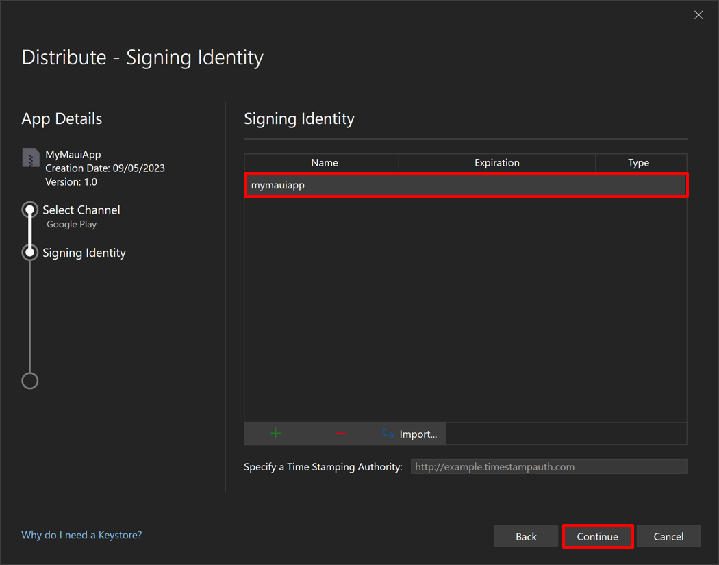 Screenshot of selecting your newly created signing identity.