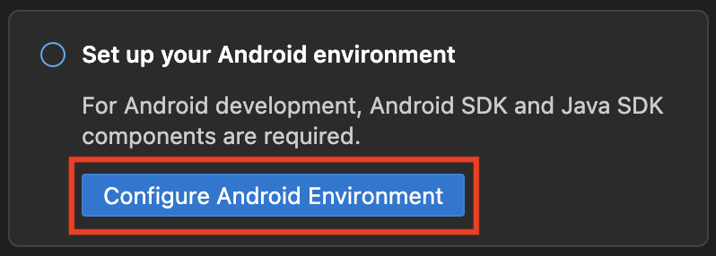 Capture d’écran du bouton Configurer l’environnement Android de Visual Studio Code.