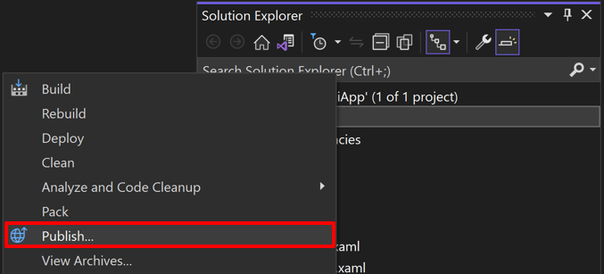 Sélectionnez l’élément de menu Publier dans Visual Studio.
