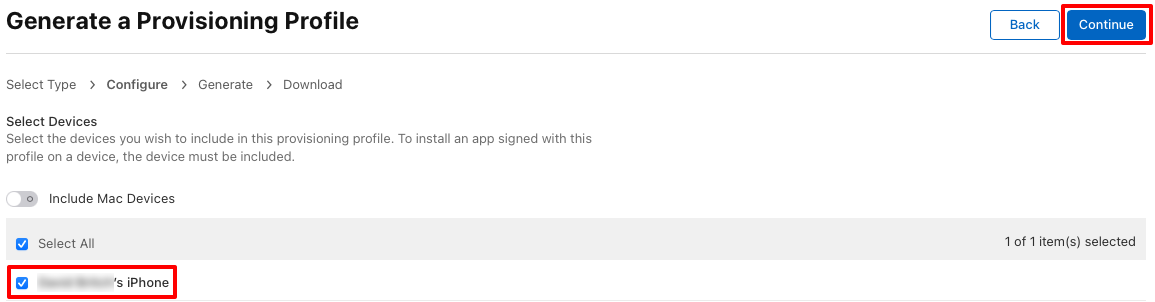 Screenshot of adding a device to a provisioning profile.