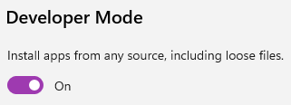 Developer mode settings in Windows 11 for MAUI .NET Windows app.