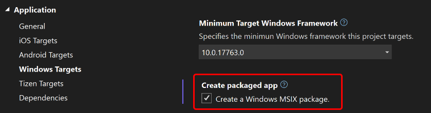 Capture d’écran de la sélection de la création d'un package Windows MSIX dans Visual Studio.