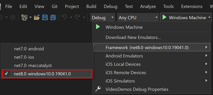 Cible de débogage de Visual Studio définie sur Windows pour .NET MAUI 8 app.