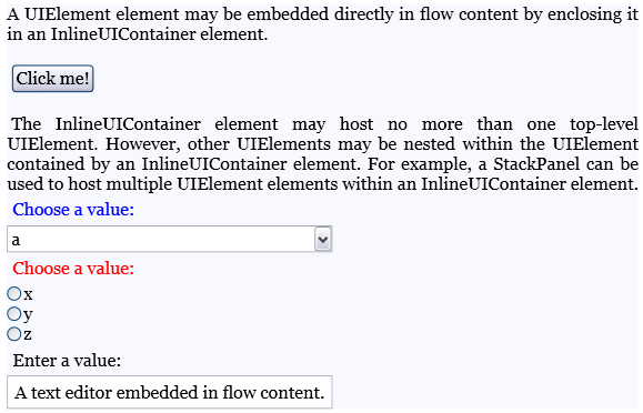 Capture d’écran : éléments UIElement incorporés dans le flux