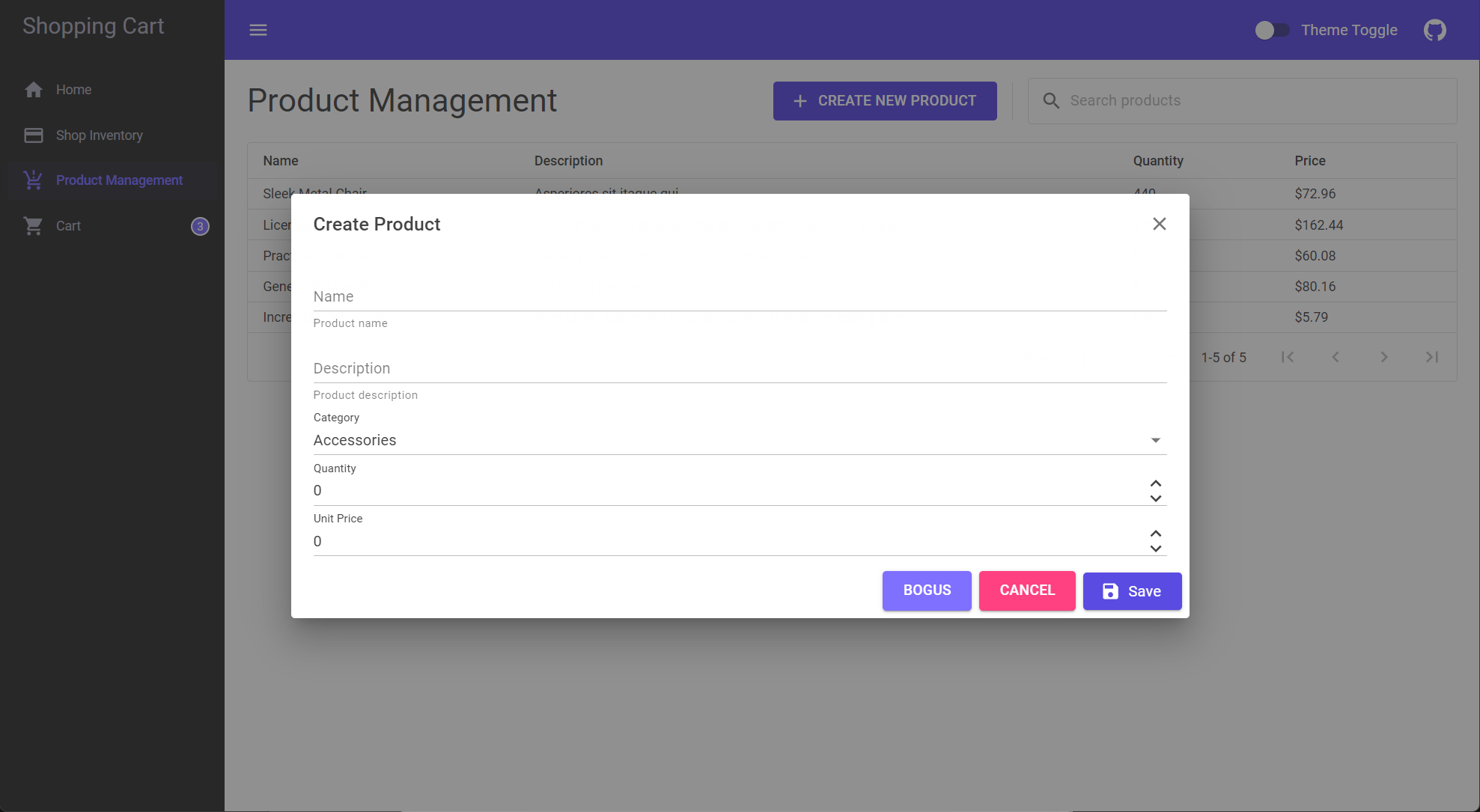 Orleans : Exemple d’application Panier, boîte de dialogue de création de produit dans la page de gestion des produits.