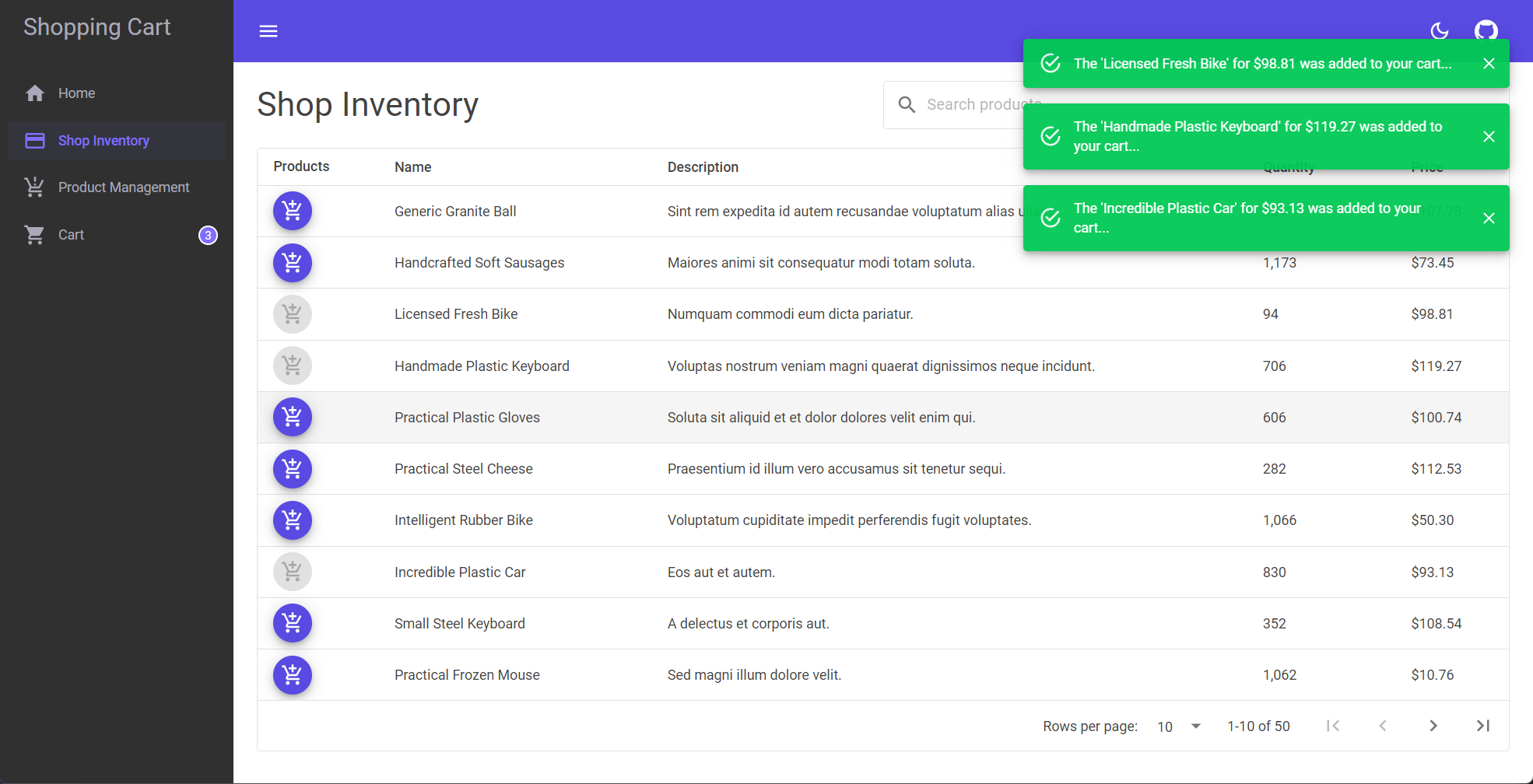 Orleans : Exemple d’application Panier, articles ajoutés au panier depuis la page de stock du magasin.