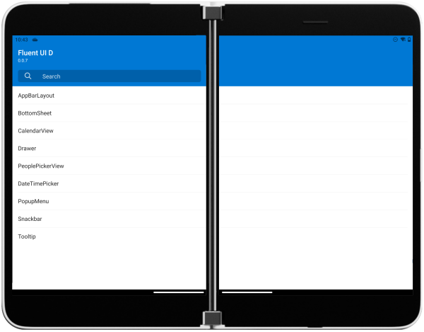 Surface Duo with Fluent UI sample spanned across both screens