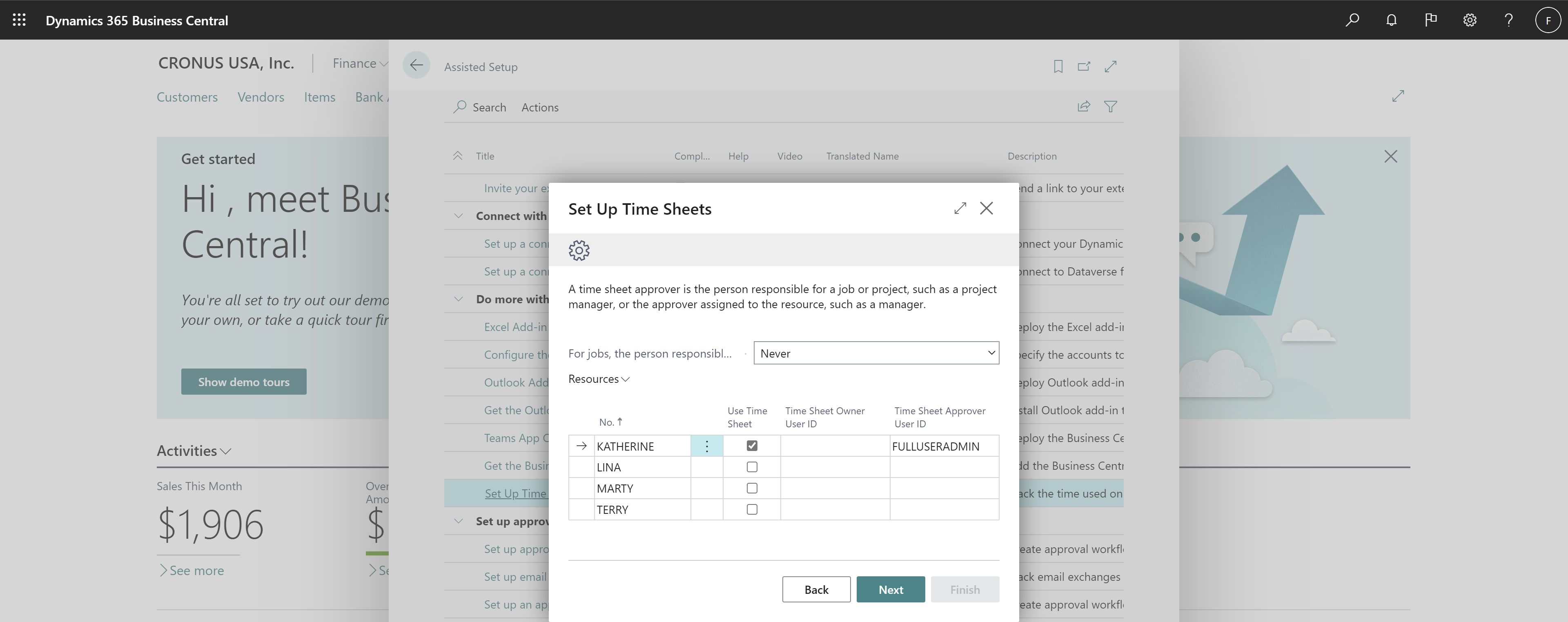 Affiche le guide de configuration assistée Configurer les feuilles de temps.