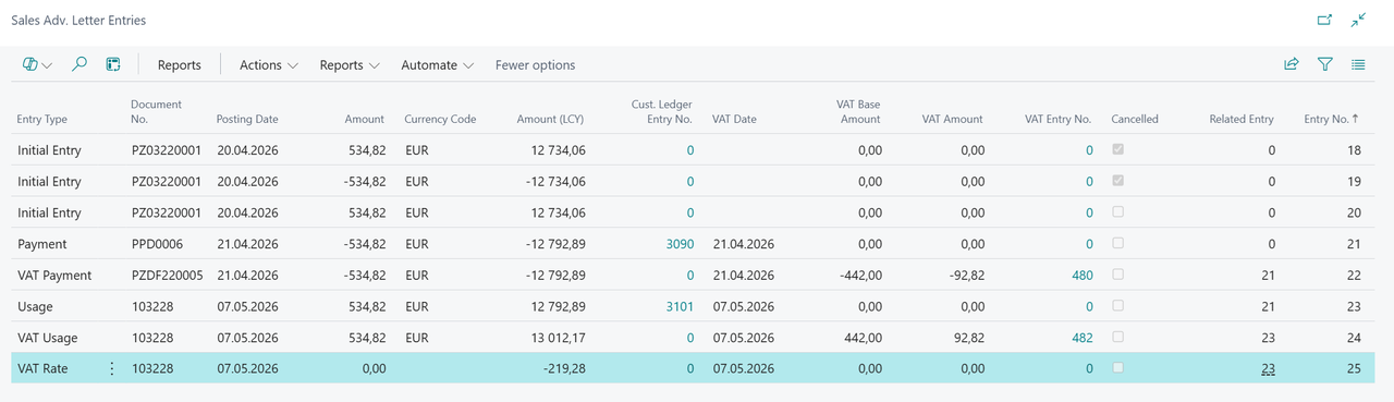 Screenshot of linking the advance with the payment.
