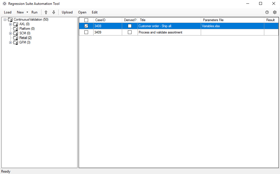 Test parameter file in the Parameters File column.