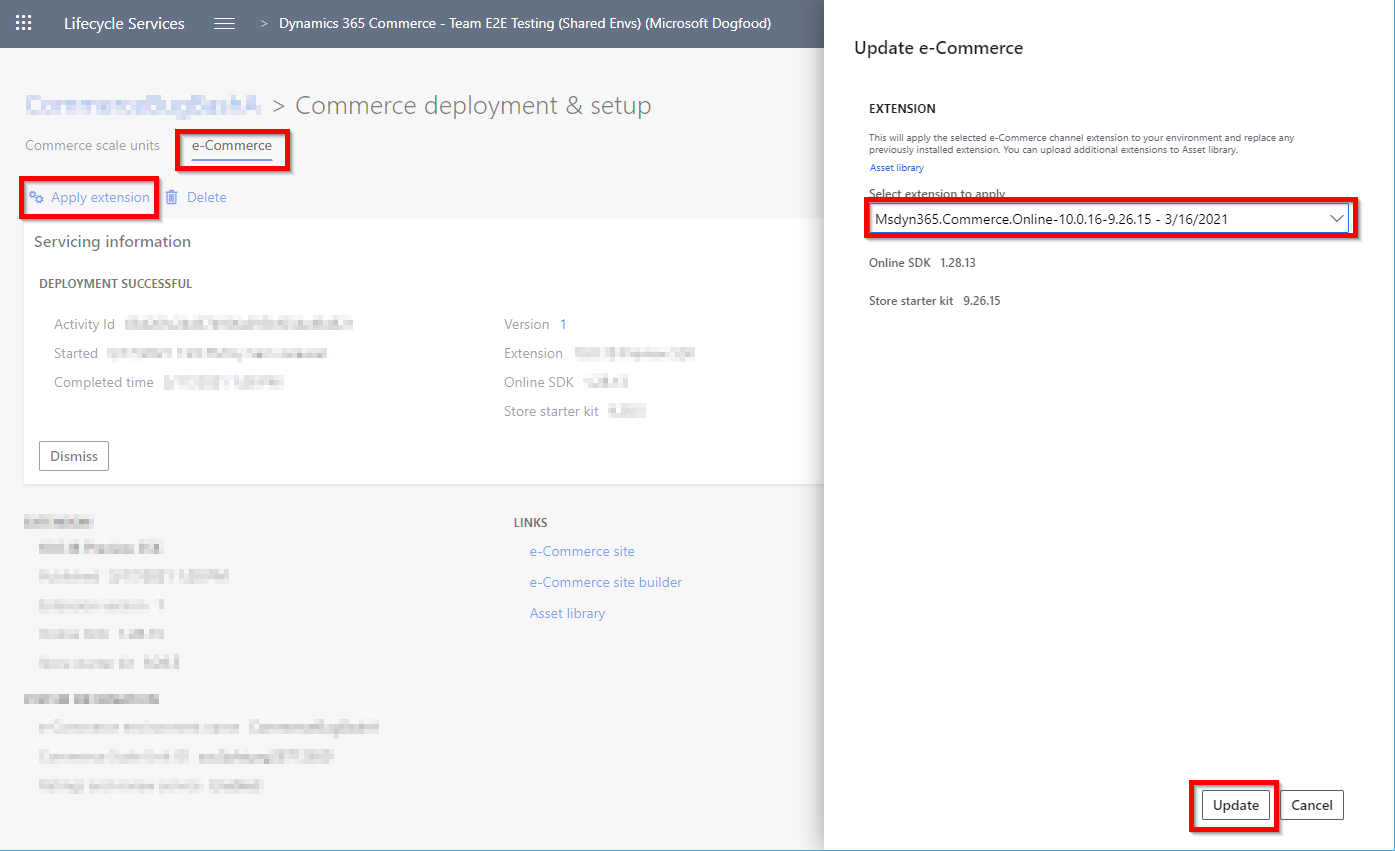 Update e-Commerce dialog box with an extension highlighted.