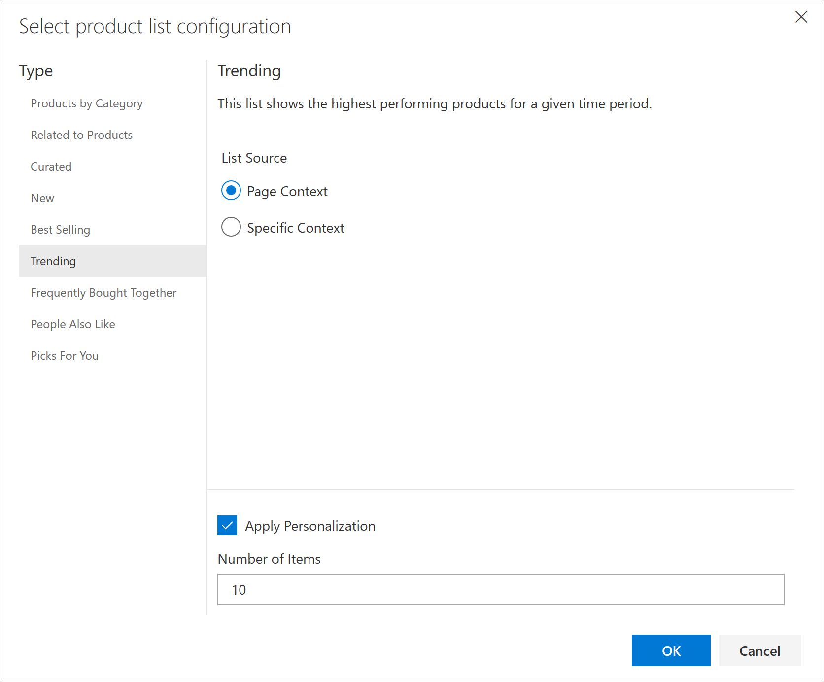 Capture d’écran de l’application de la personnalisation à une liste de tendances.