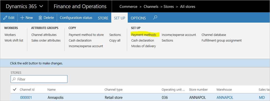Capture d’écran de la configuration du magasin de vente au détail.