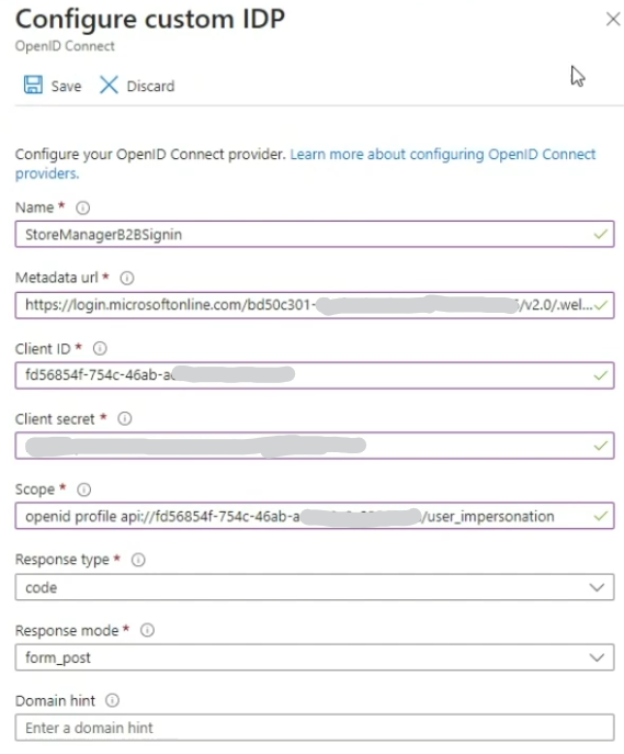 Configure custom IDP - screen 1