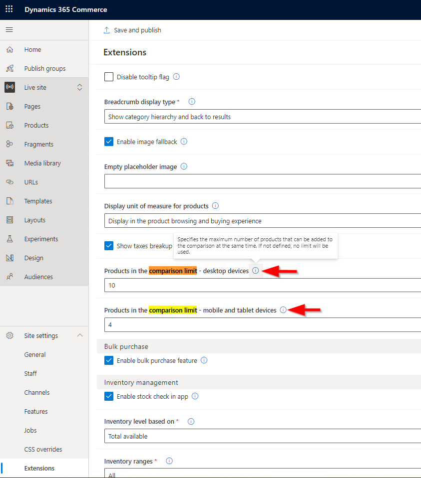 Capture d’écran des paramètres de site pour limiter les produits dans la barre d’état de comparaison.