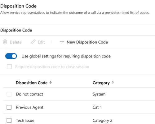 Capture d’écran des codes de disposition spécifiques au flux de travail