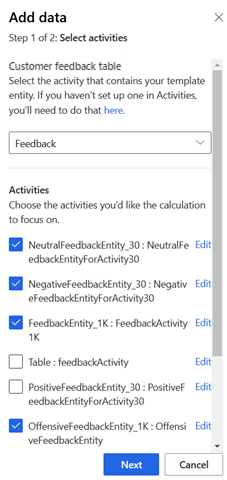 Étape de configuration pour sélectionner les activités de rétroaction pour l’analyse des sentiments.