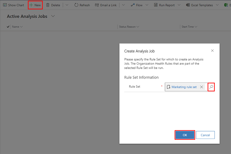 Capture d’écran du Centre d’intégrité de la solution avec l’option « Nouveau » sous les tâches d’analyse