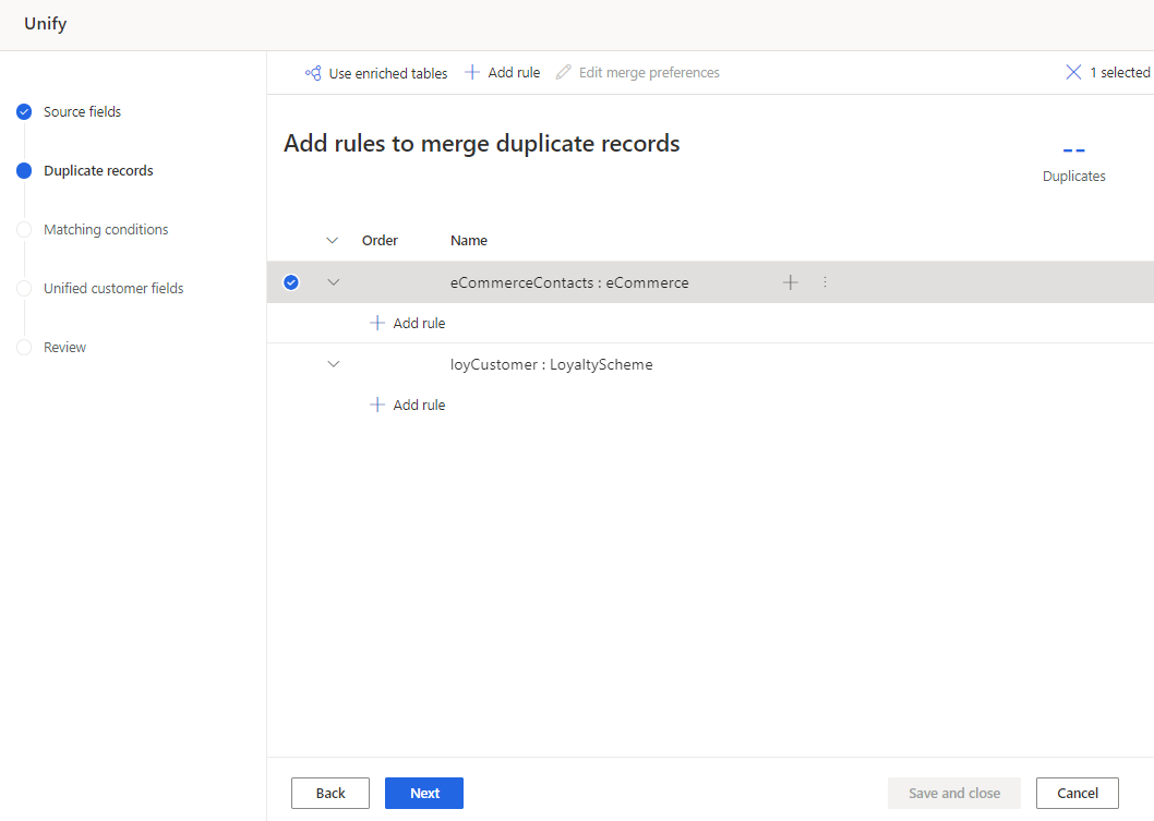 Capture d’écran de la page Règles de déduplication avec la table en surbrillance et l’option Ajouter une règle affichée