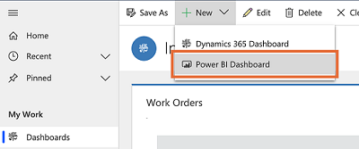 Sélectionner l’option de tableau de bord Power BI.