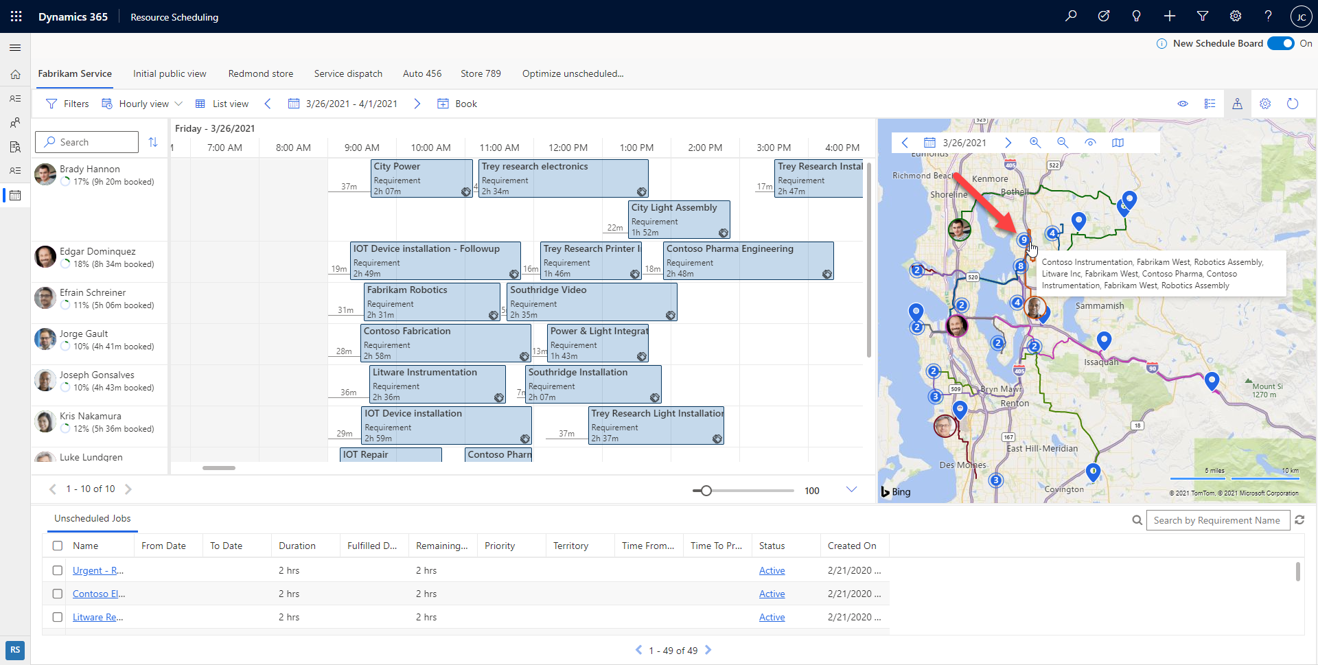 Capture d’écran du tableau de planification avec le regroupement des épingles de besoin.