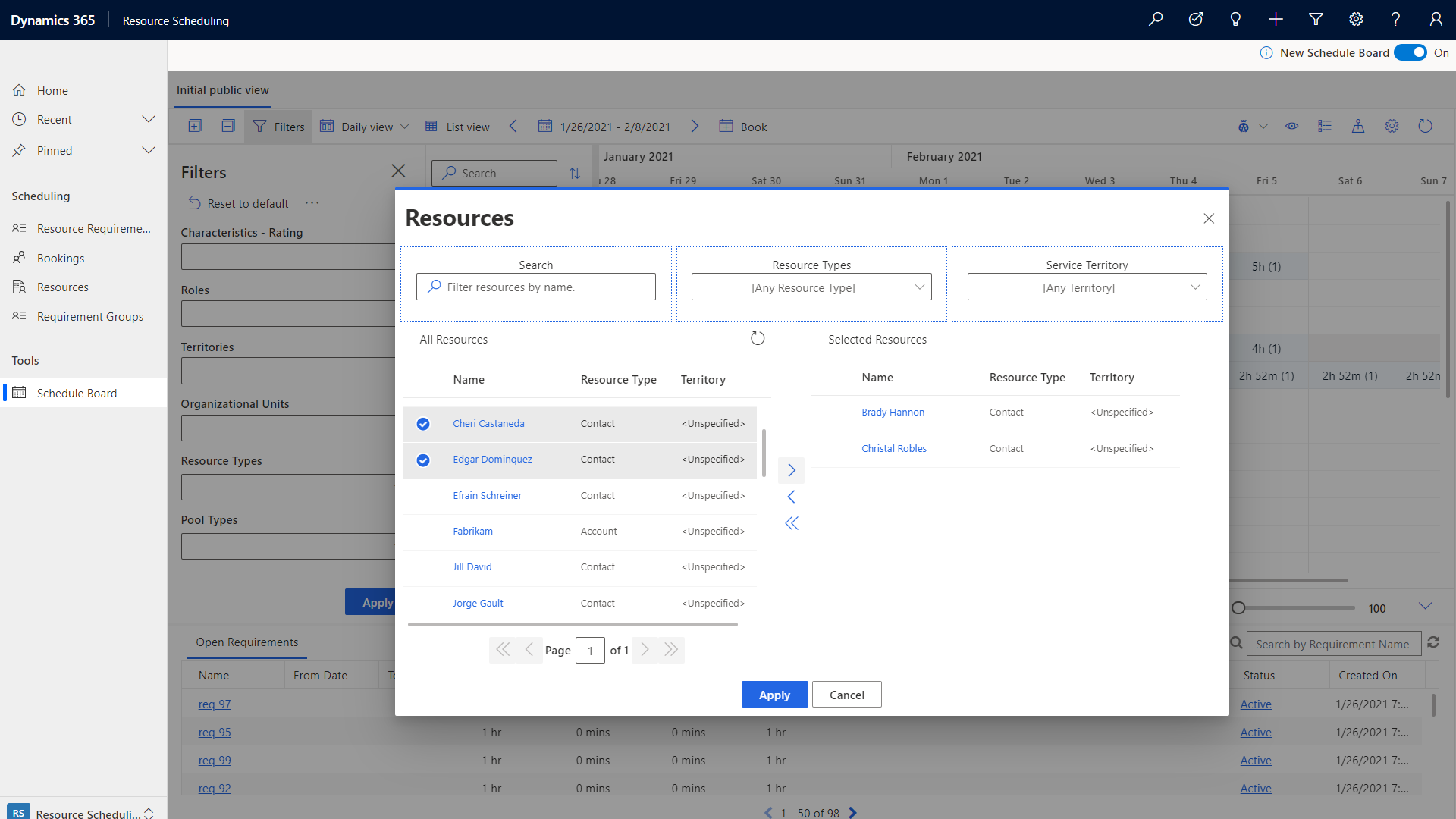 Capture d’écran de la boîte de dialogue des ressources sur le tableau de planification dans Customer Service.